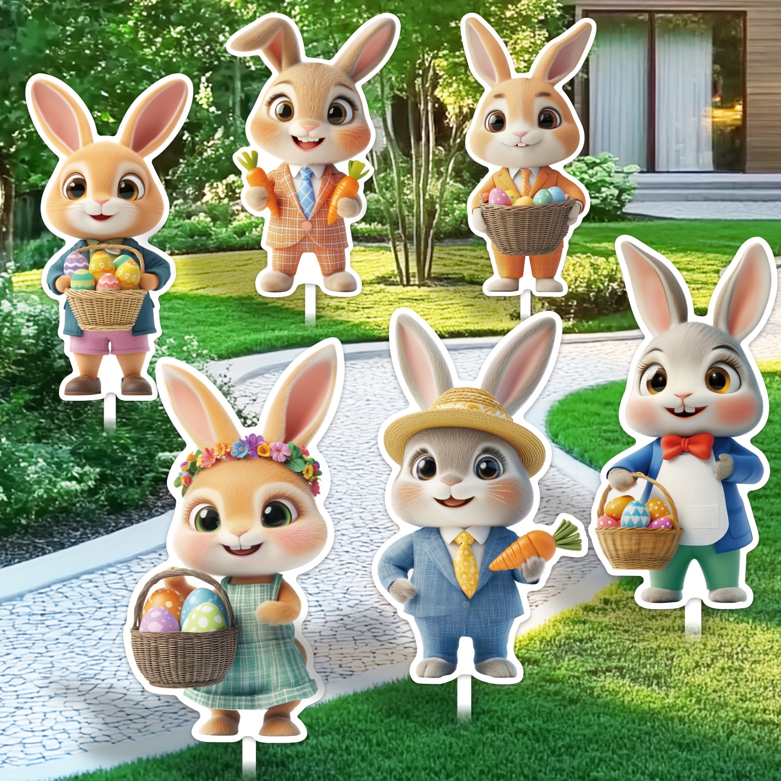 

6pcs Wuuhawuha Easter Yard Sign Set - Vintage Bunnies With Carrots & Eggs, Plastic Outdoor Decor For Garden, Lawn, Pathway - , Rabbit Accessories