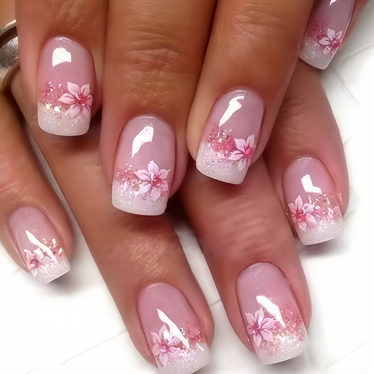 

French Press On Nails With Glittering Petals, Sweet Nail Tips For Women - Easy To Apply And , Long- Nail Art Manicure Set