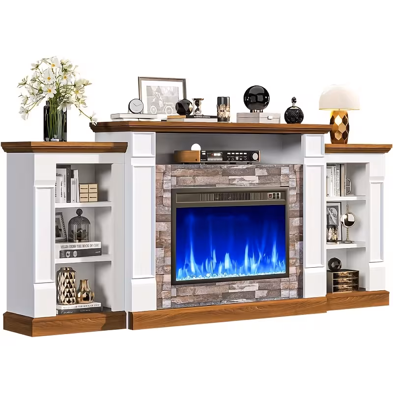 70-Inch Electric Fireplace TV Stand with Mantel - Modern Entertainment Center with Open Storage, LED Lights & Remote Control