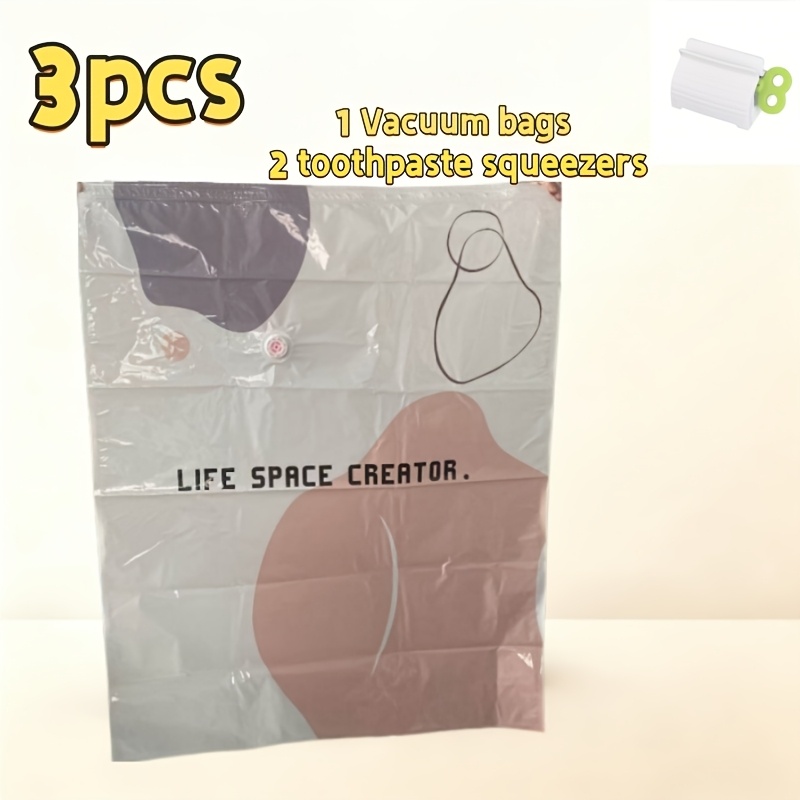 TEMU 3pcs Set: 1 Extra-large Compression Bag + 2 Toothpaste Tube , Press-to-seal, No-pump Heavy-duty Vacuum Bags, Space-saving For Clothes, Blankets,