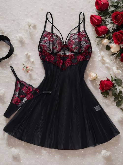 womens halloween red black contrast lace nightgown deep v neck open back slit design sheer lingerie single layer semi transparent embroidered bustier style rose embroidery exudes charm