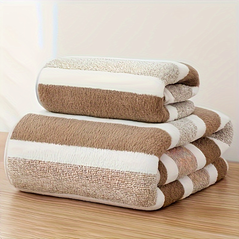 

& Absorbent 2pcs Towel Set - Quick-dry, Striped Design With Coral Velvet Material - Includes Bath And Bath Towels