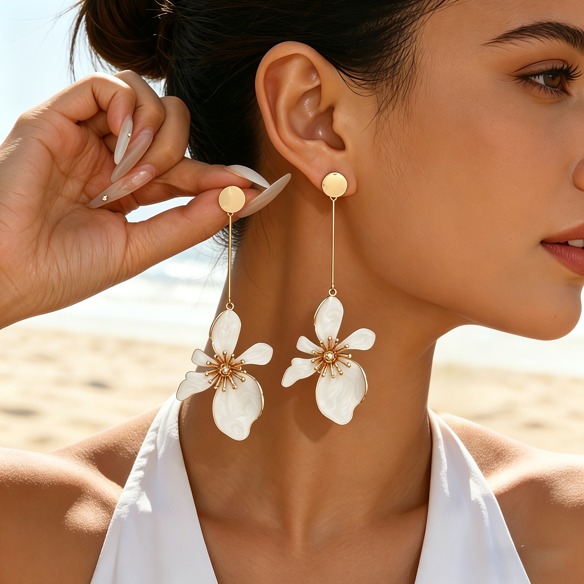 TEMU Une paire de longues boucles d'oreilles pendantes florales exquises de style bohème vacances pour femme, avec des pétales à glaçure dégoulinante