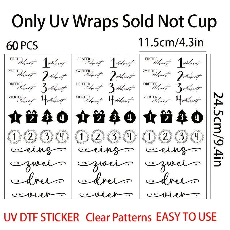 TEMU 60pcs German Advent Calendar Numbers And Pentagrams, Gift Boxes, Christmas Trees, Decorative Wreaths Themed Uv Transfer Stickers - Suitable For