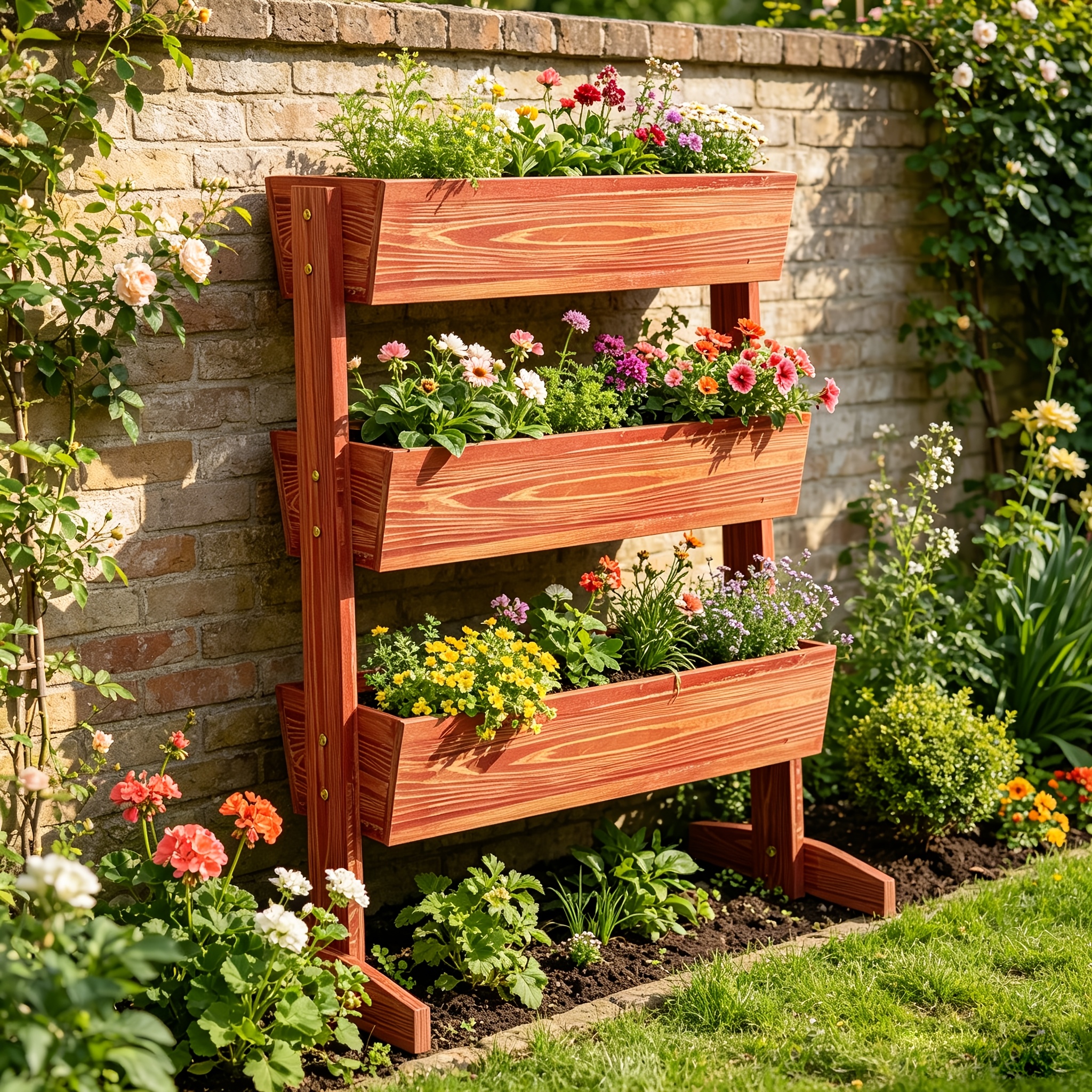 Image of 3 Levels Wooden Planters 103 Cm Planting Bed Raised Balcony Planter Stand Rectangular Flower Box Vegetable Garden Indoor - 39 X 106 Cm