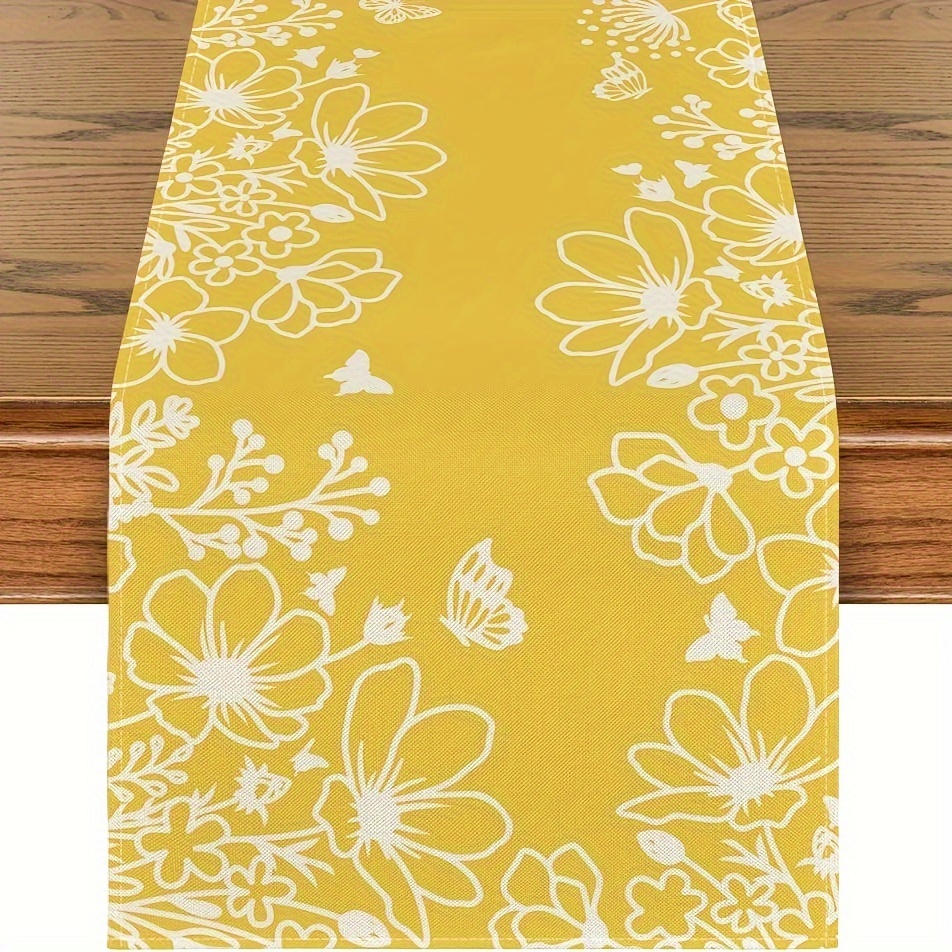 

1pc, Table Runner, Yellow Bloom Flowers Butterfly Printed Spring Table Runner, Seasonal Holiday Kitchen Dining Table Decoration For Home, Party Decor