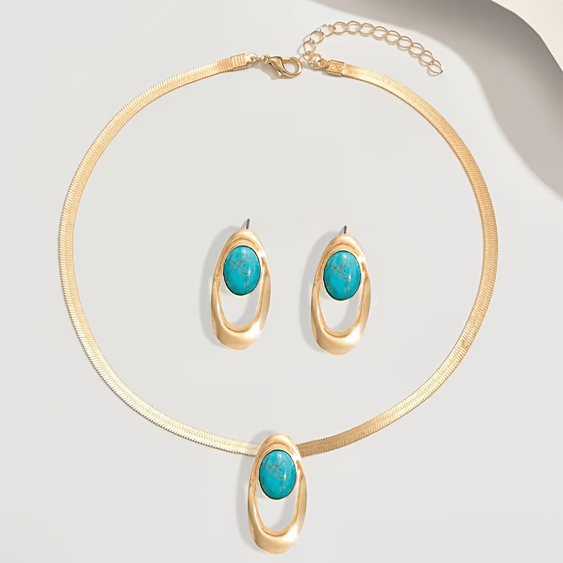 TEMU Ensemble de bijoux pour femmes style western 2 pièces, collier et boucles d'oreilles, style printemps-été, chaîne plate, cadre ovale creux avec