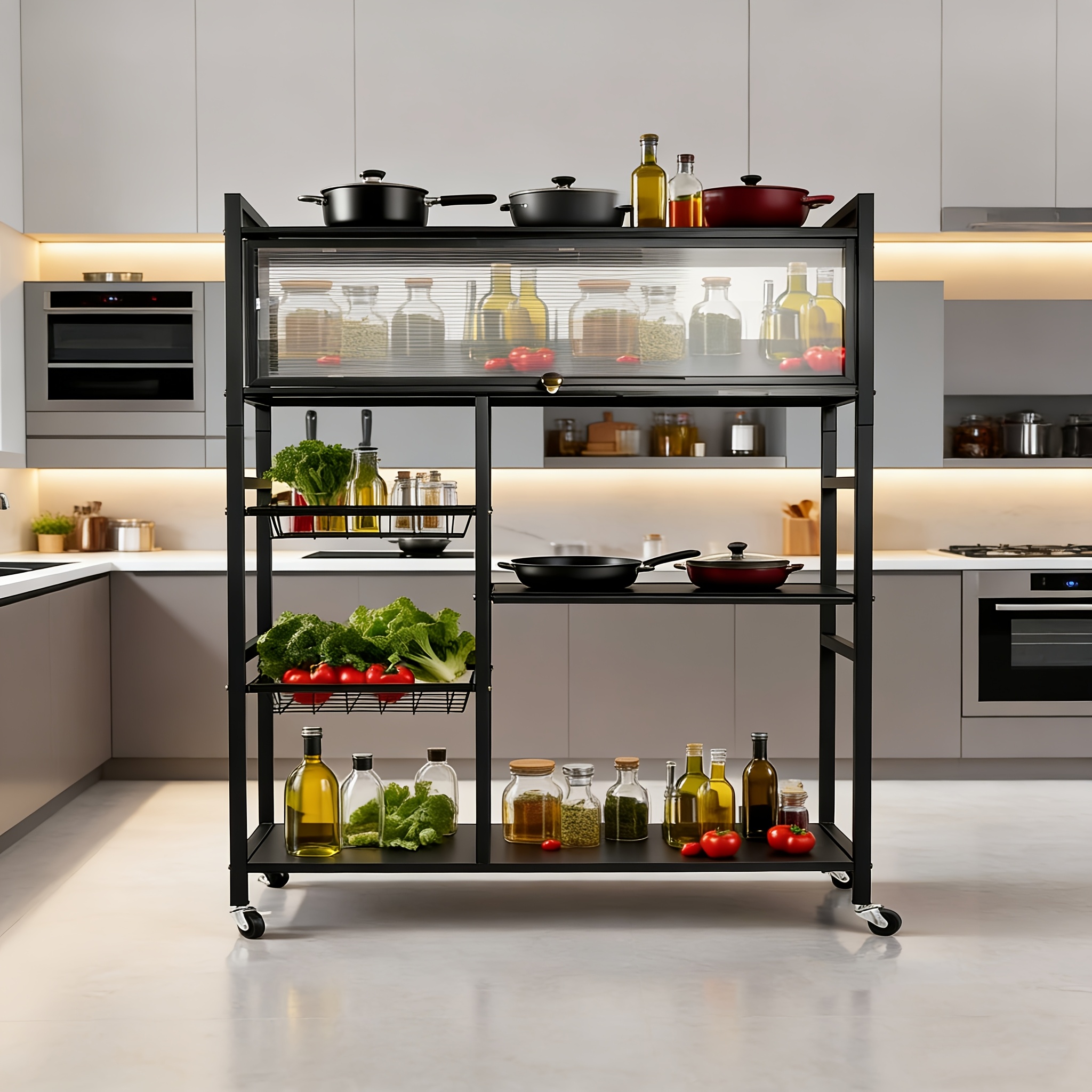 Office Storage And Organization Cart, 1pc Movable Storage Rack, Adjustable Kitchen Shelf with Wire Baskets, Kitchen Organizer And Storage, Metal Shelf Rack with Wheels, Suitable for Garage