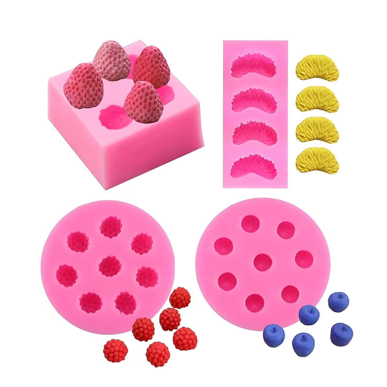 

A Set Of 4 Fruit-shaped Silicone Molds Suitable For Handmade Clay, Including 3d Strawberry, Orange, Raspberry, And Blueberry Shapes, As Well As Wax Melting Molds.