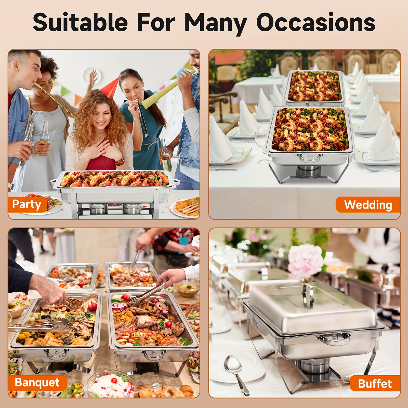 4pcs/set 9.5 qt chafing dishes buffet silvery rectangular full size stainless steel catering chafer food warmer for banquet party catering supplies,   cooking, buffet setup, catering equipment, professional catering,   warmer,   chafing, sturdy construction, food warmer set, party hosts, restaurant owners Product details 5