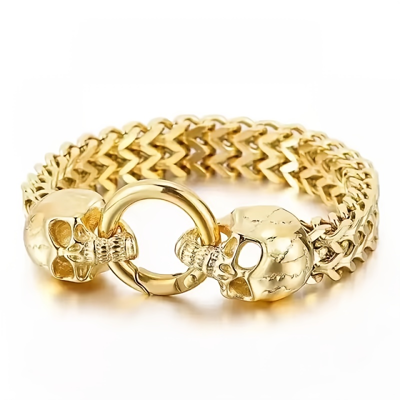 Men's Stainless Steel Gothic Double Headbone Chain Bracelet