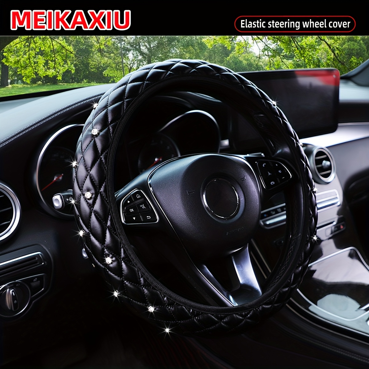 TEMU 1 Artificial Sheepskin Soft And Comfortable Pu Leather With Artificial Diamonds Bling Bling Stretch Steering Wheel Cover, No , Fits -15 Inch