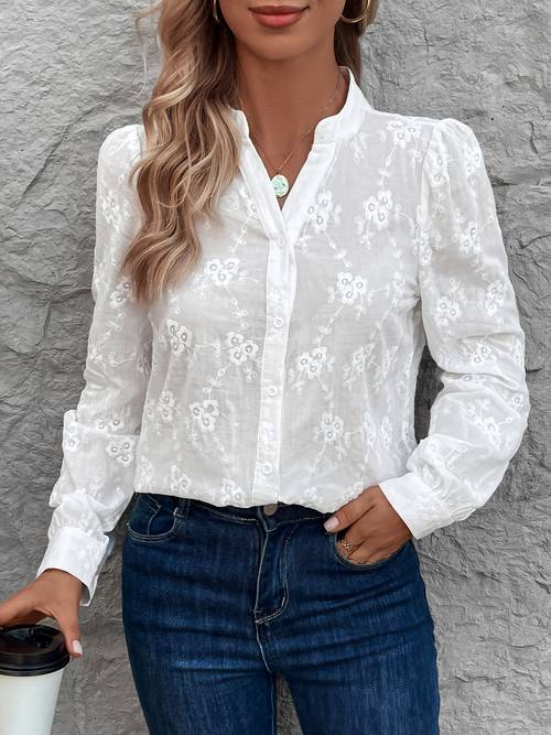 vest-shirt met lange mouwen, uitgeholde kanten top, jacquardblouse voor dames