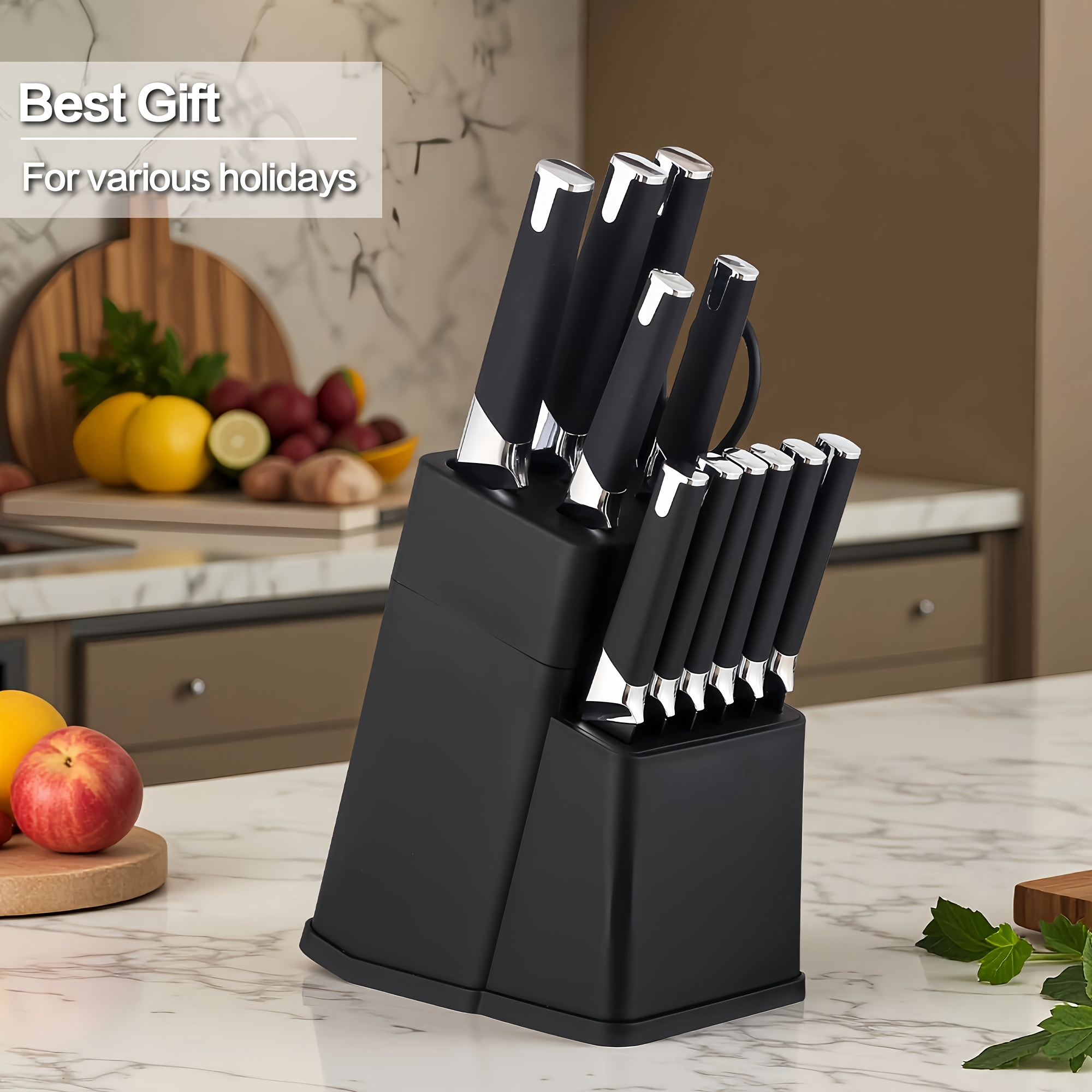 13pcs All-in-One Kitchen Knife Set with Holder - Includes 6 Steak Knives, Chef Knife, Bread Knife & Scissors - Perfect Housewarming Gift for New Home - Sharp & Durable Cooking Tools