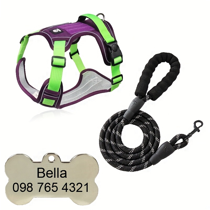 Custom Dog Harness with Engraved Pet ID Tag and Leash Set