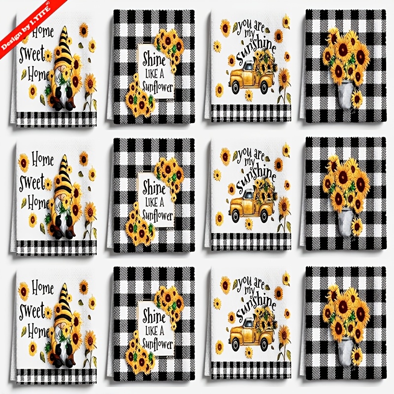 TEMU 12pcs Funny Kitchen Towels, Sunflower Theme, Black And White Printed, 16x24in Microfiber Dishcloth, Soft, Absorbent, Quick- Towels, Christmas