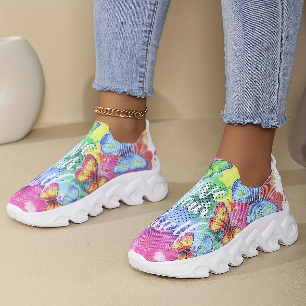 

Women's Butterfly Print Sock Sneakers, Trendy Colorful Low Top Knitted Platform Trainers, Comfy Breathable Walking Shoes