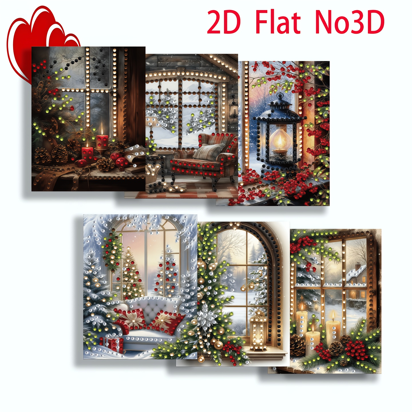 TEMU Premium New Product - 6-sheet Set Of Diamond Painting Greeting Cards, Christmas View Theme Cards, Warm Candlelight And Winter Window Snow Scene,