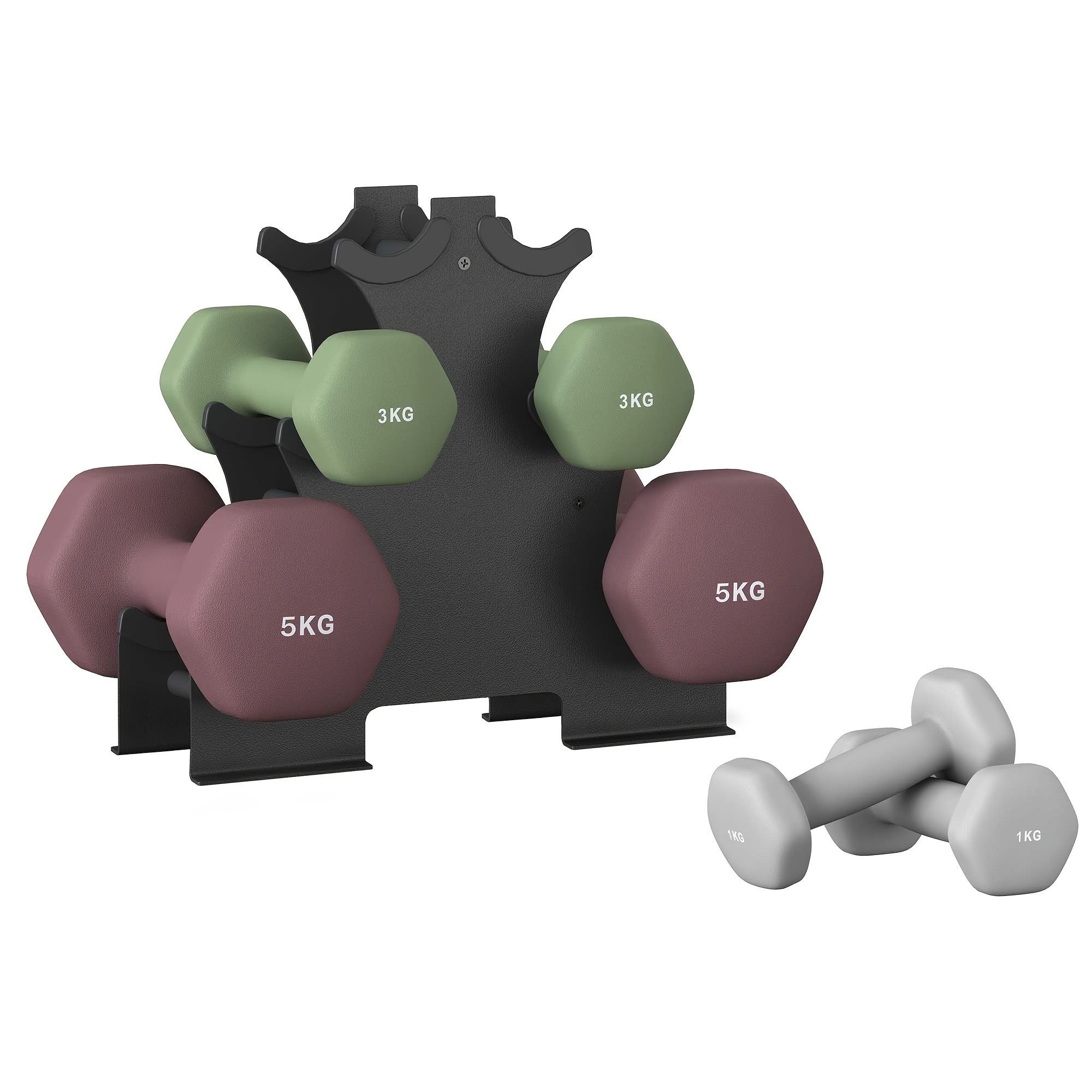 Image of Hex Dumbbells Set With Stand - 2 X 1kg, 2 X 3kg, 2 X 5kg, Neoprene Coating, Home Fitness, Grey, Green, Red, Lake Blue, Purple, Blue And Black