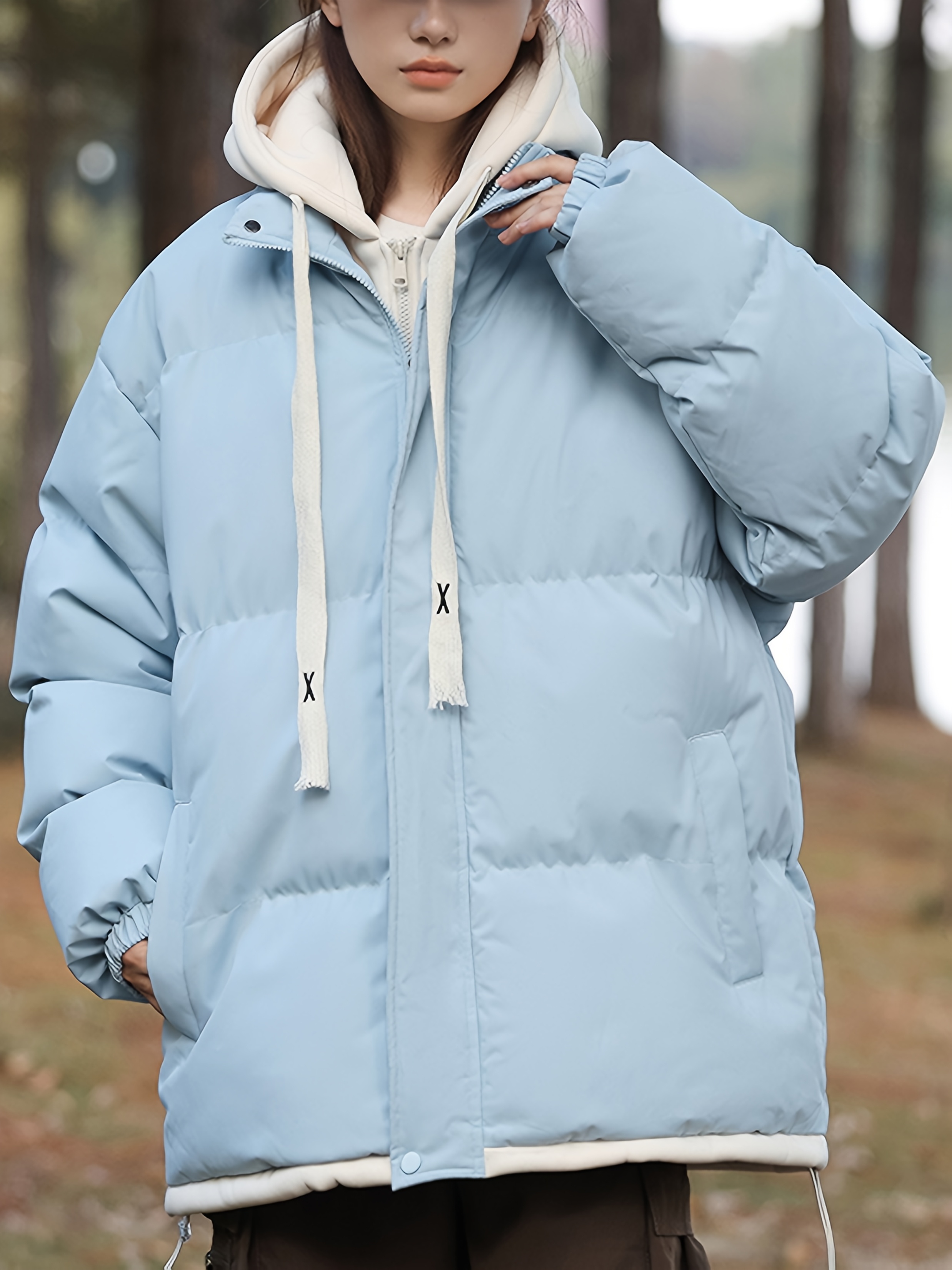 Chaqueta acolchada con capucha para mujer, color azul claro, abrigo de invierno cálido con forro polar, capucha ajustable, estilo casual para clima frío