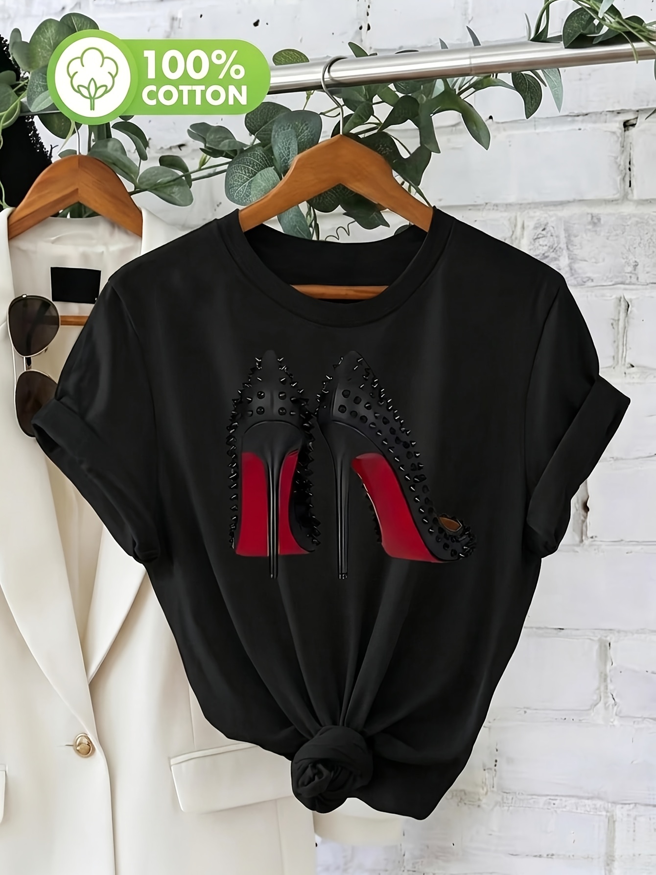 womens   t shirt studded red sole high heels print