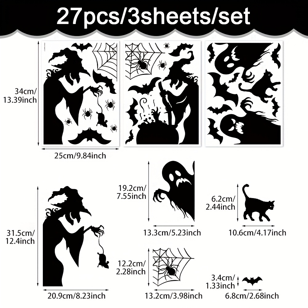 27pcs/3 Sheets - Halloween Window Stickers Decoration - Scary Witches, , Bats, And - Cat Witch Props - Witch Cauldron Elements