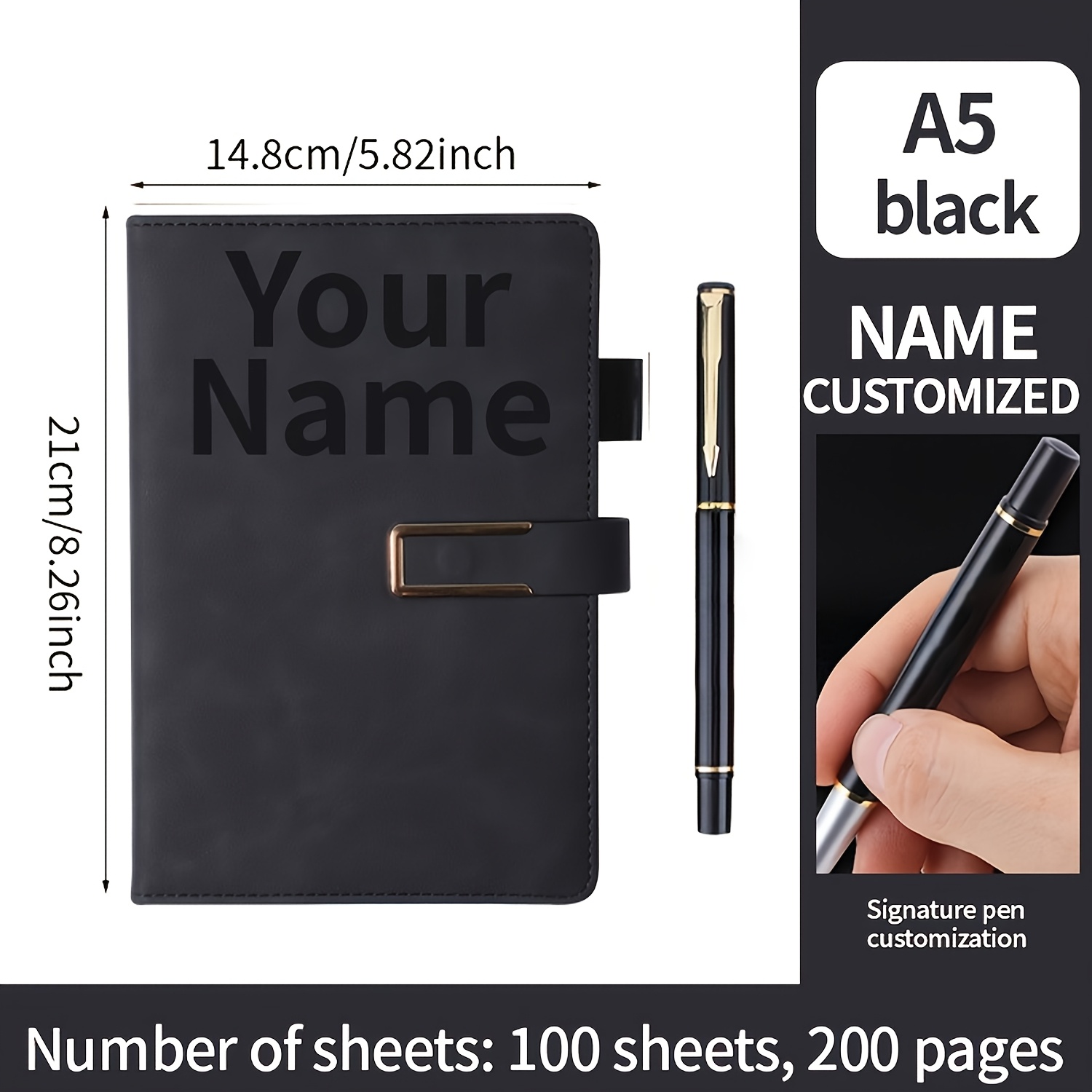 TEMU Personalized A5 Notebook - Minimalist Textured Notebook For Notes, Journaling & Meetings - Custom Name, Phone, Logo - Retro Closure - Ideal Gift