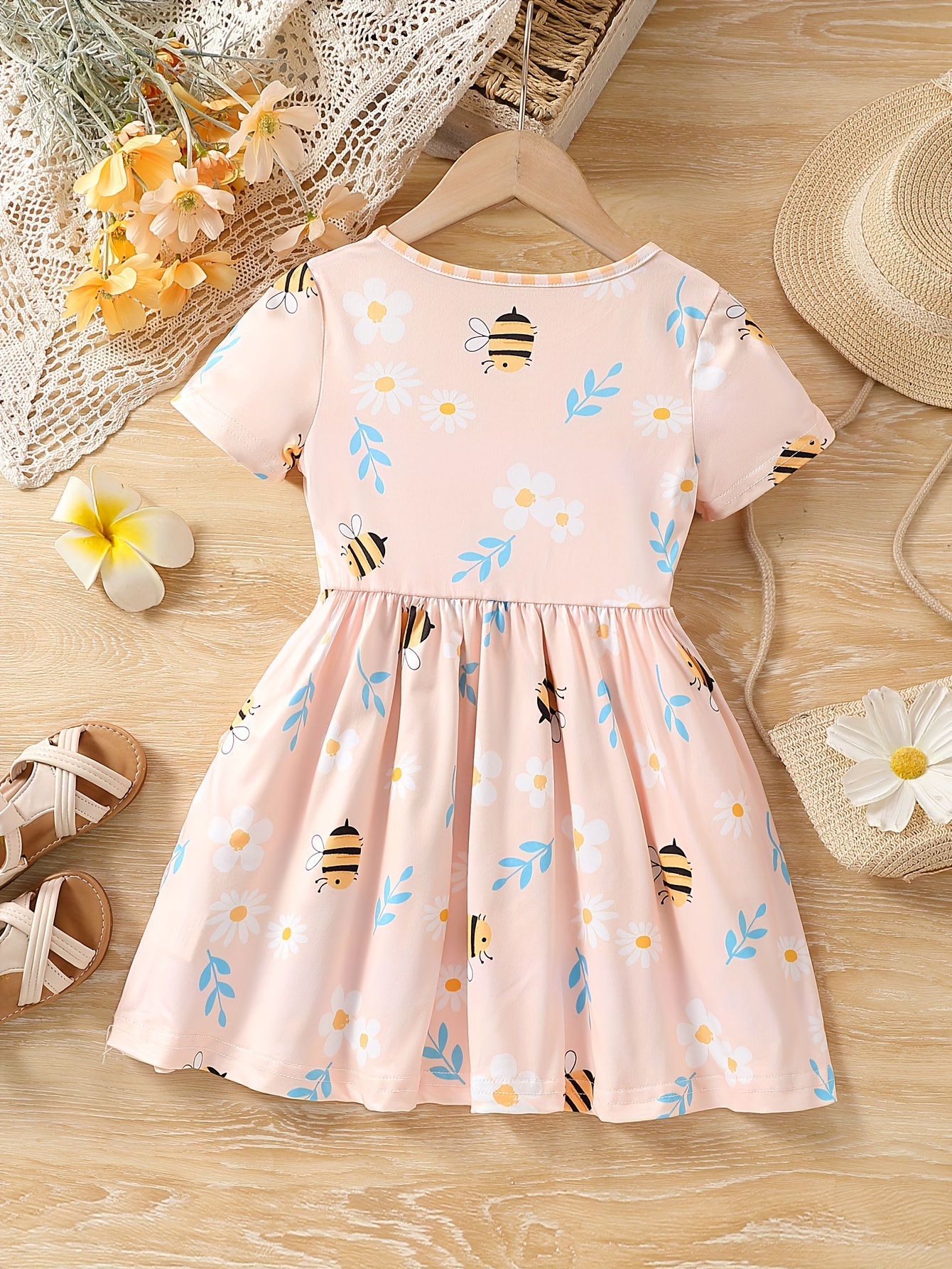 Girls Cute Daisy Bees Full Print Short Sleeve Dress Casual A - Temu