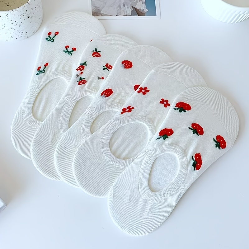 E-shop 5 Paar Damen Frühlings- und Sommer Socken mit unsichtbarer Liner für Gemüse und Obst - Modische und bequeme japanische, süße weiße Bootssocken,