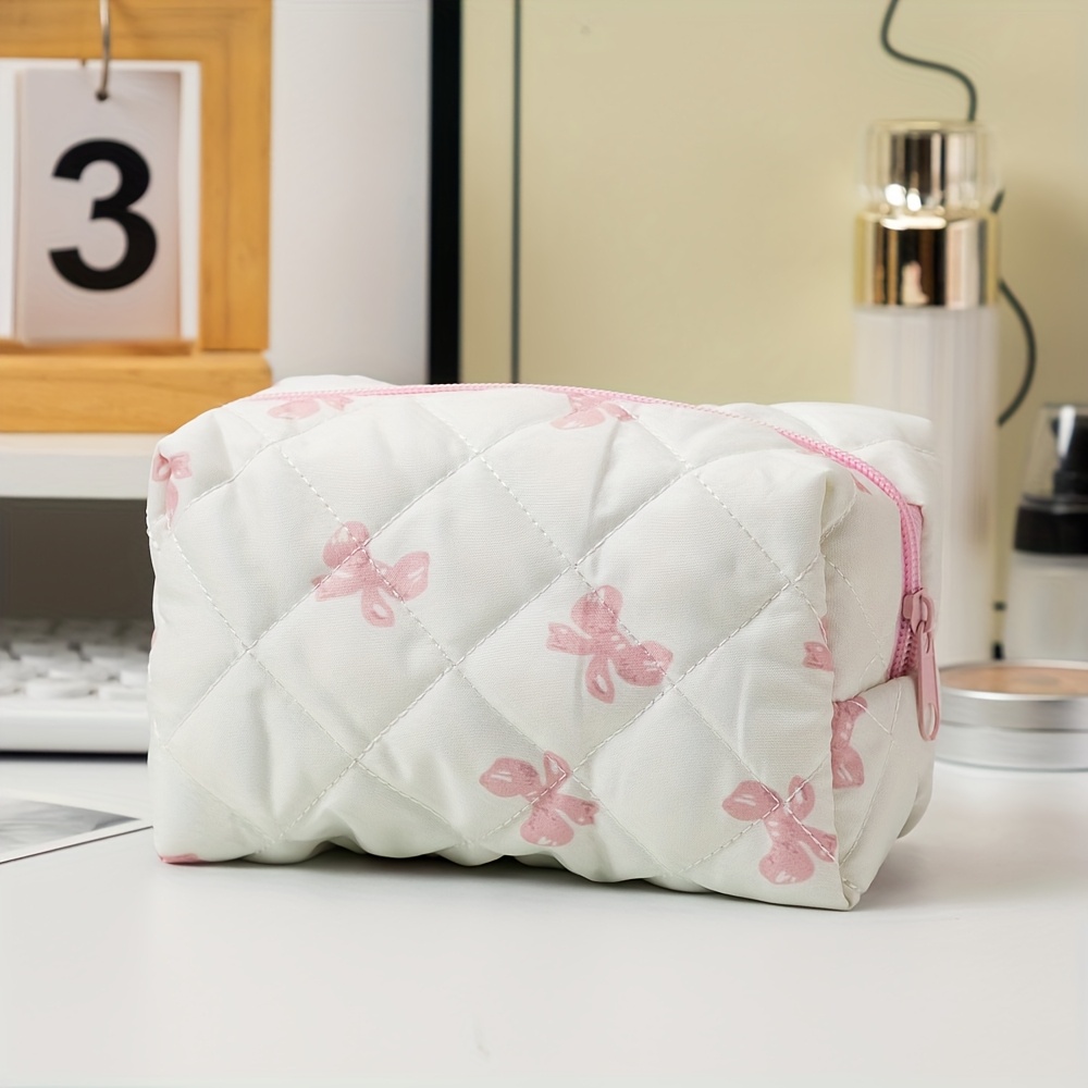 1pc Plaid Bow Large Capacity Cosmetic Bag, Makeup Bag, Suitable For Home, Travel, Daily Use, Women's Makeup Storage Bag