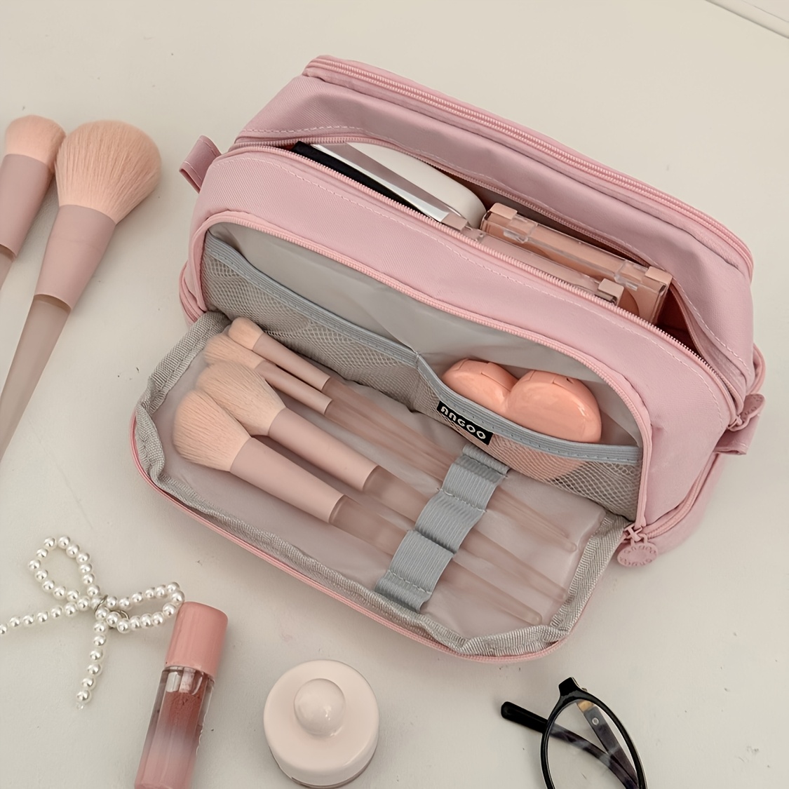 TEMU [cosmetic Bag] Solid Color 3-layer Makeup Bag Fashion High Aesthetic Outing Portable Partitioned Travel Cosmetic Storage Bag
