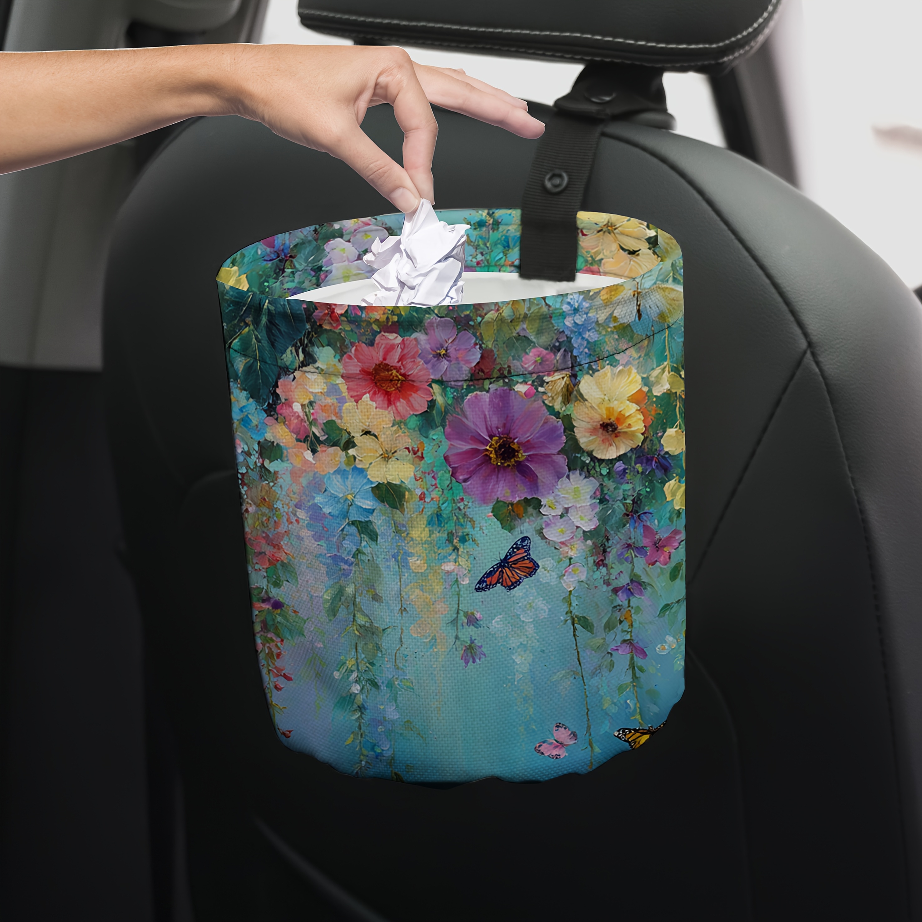 TEMU 蝶々と花咲く庭園デザイン 折りたたみ式 再利用可能 車用ゴミ箱 ガレージバッグ 自動車用ゴミ箱 フロント＆リアシート収納 オフィス・自宅用アクセサリー
