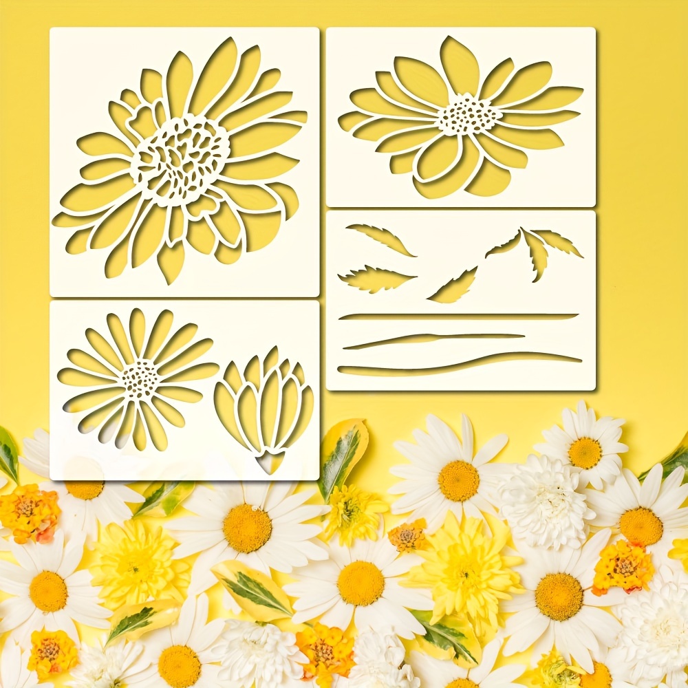 

4pcs Daisy Flower Painting Stencil For Garden Fence, 11.8" Large Daisy Theme Stencil, Reusable Daisy With Leaf Stencil, Decorative Drawing Template For Wood Wall Furniture Canvas Home Diy Art Craft