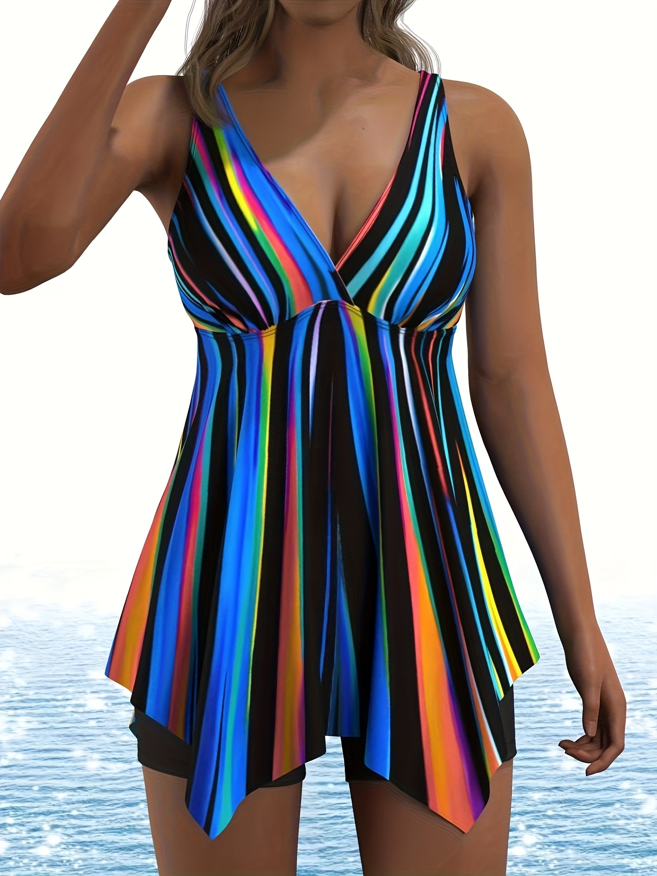 womens plus size colorful striped top and square bottom swimsuit set
