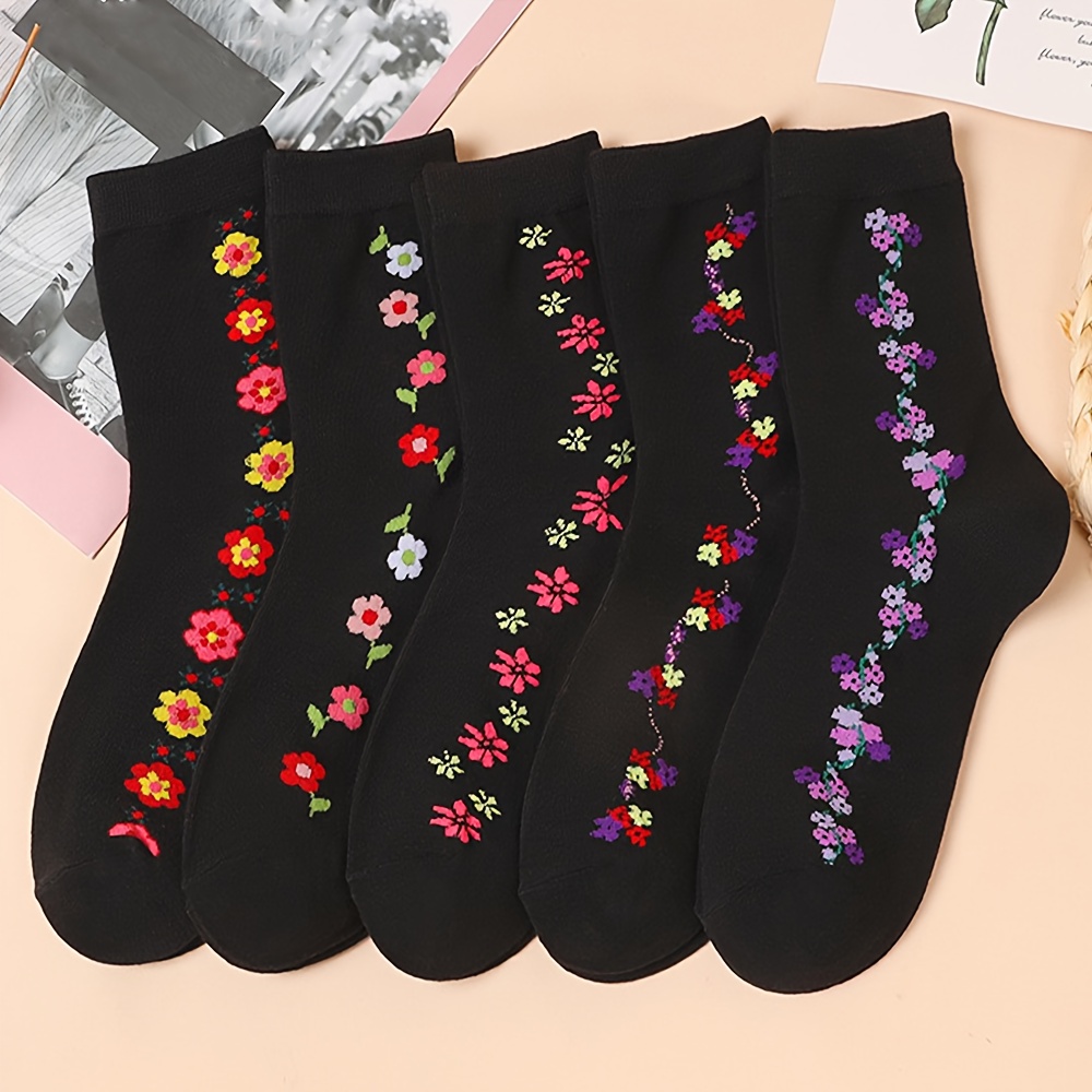 TEMU 5 Pairs Women's Floral Knee-length Socks, Fashionable Spring Mid-calf Socks, Comfortable Soft Polyester Knit Fabric, Breathable Sweat-absorbent, Casual Sports Mom Socks For