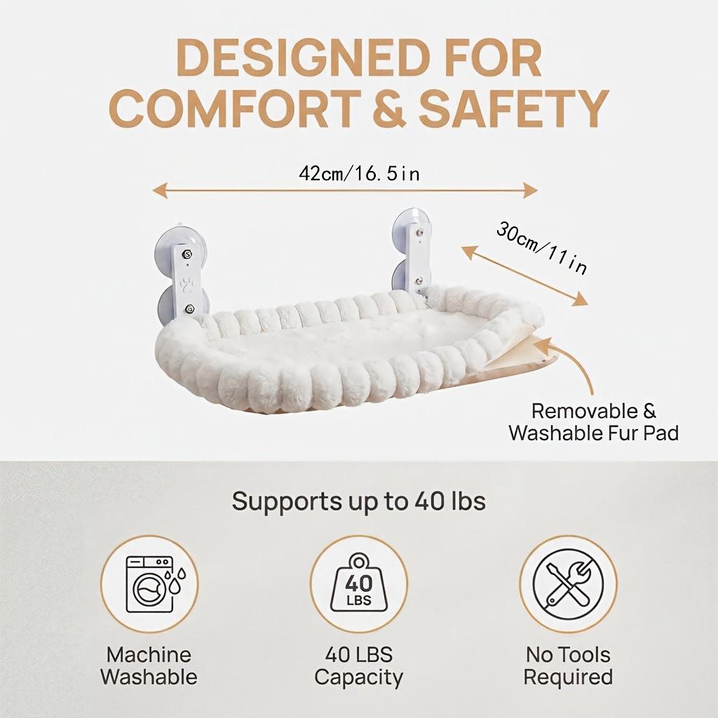 Cat Window Bed With Suction Cups, Plush Pet Lounger With Sturdy Bracket, Suitable For Bedroom Windows And Afternoon Sunbathing