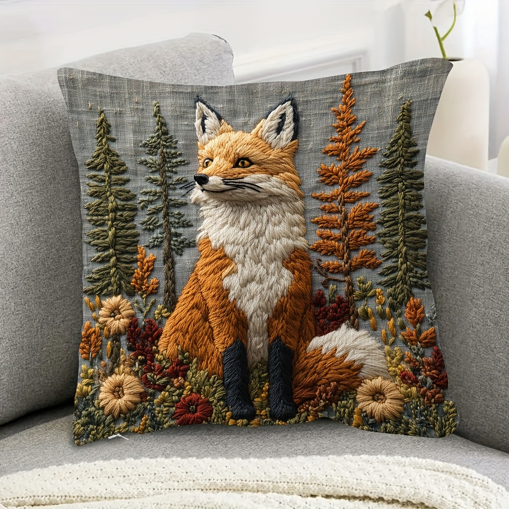 

1pc Fox In -look Decorative Pillow Cover, 18x18 Inch, Double-sided Autumnal Scene With Floral Accents, Ideal For Sofa, Chair, Bed, Car, And Office - No Insert Included, Pillows Decorative