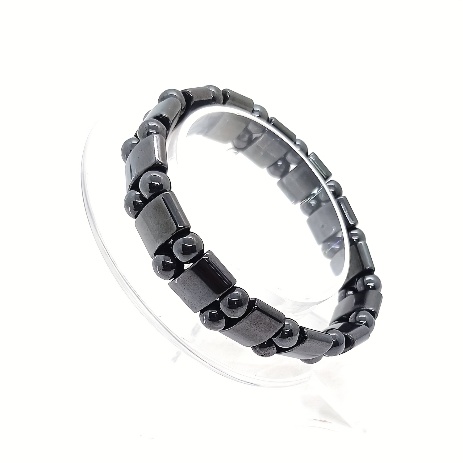 TEMU Bracelet en onyx noir à double arc facetté avec perles rondes de 6 mm, collier de perles d'hématite, bijou de mode