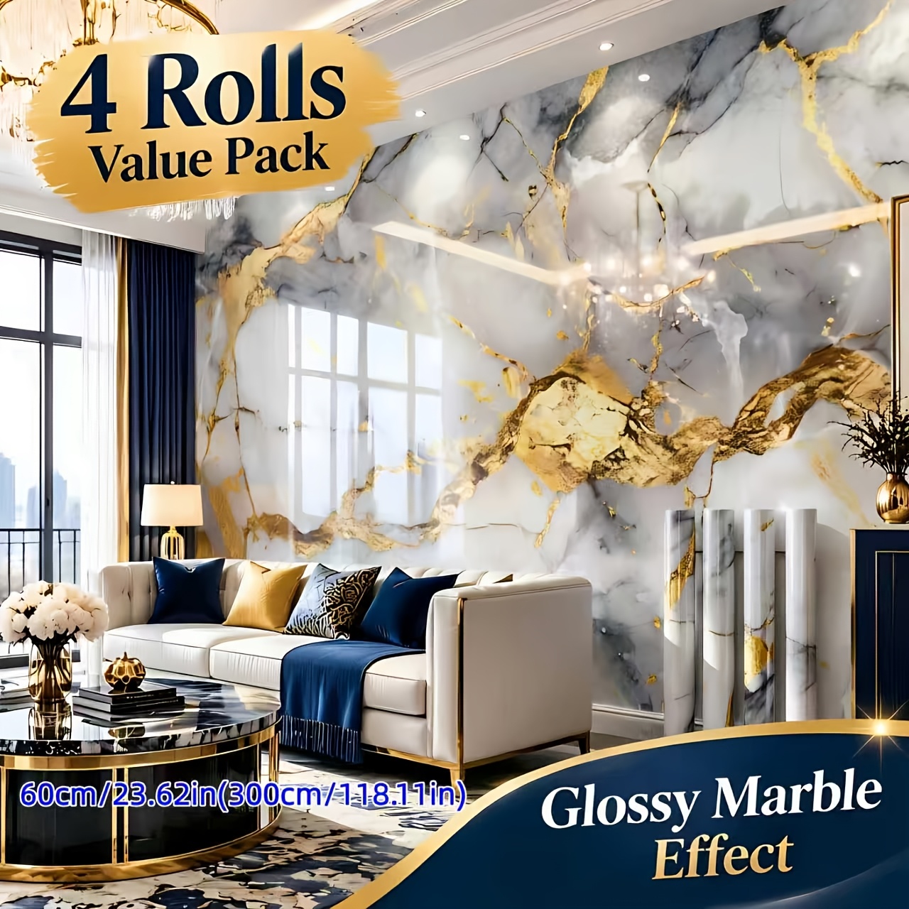 TEMU 4-roll Set Of Gilded Marble Self-adhesive Wallpaper, Thickened Pvc Wallpaper, Full Blackout Opaque Waterproof And Oil-proof Wall Sticker For