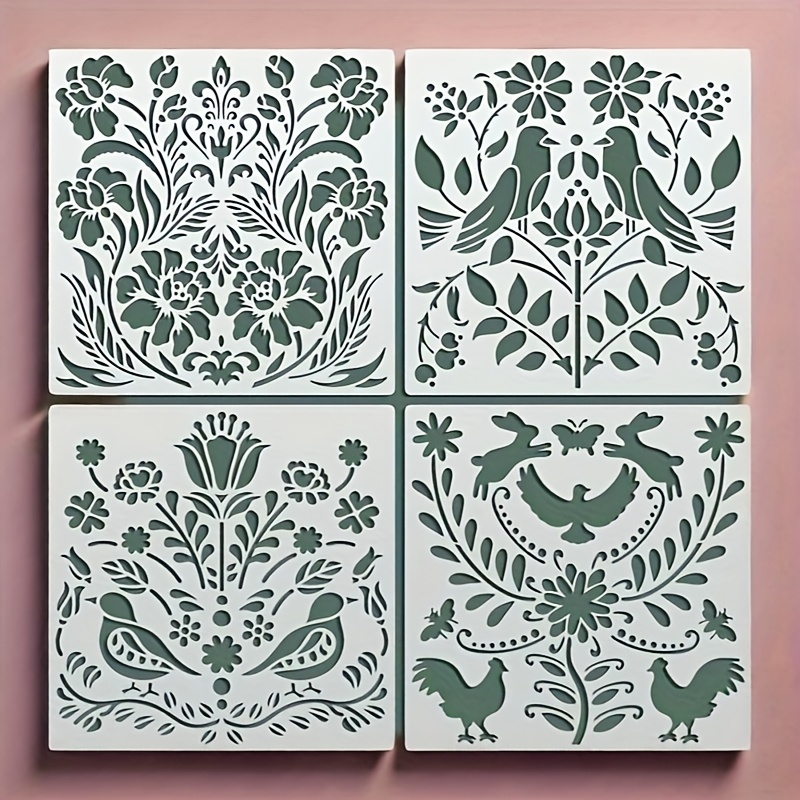 TEMU 4pcs Of Stencils, Floral Stencils, Polish Floral Stencils, Wall Stencils, Ceramic Tile Stencils, 9.8*9.8 Inches, Washable, , Reusable Painting