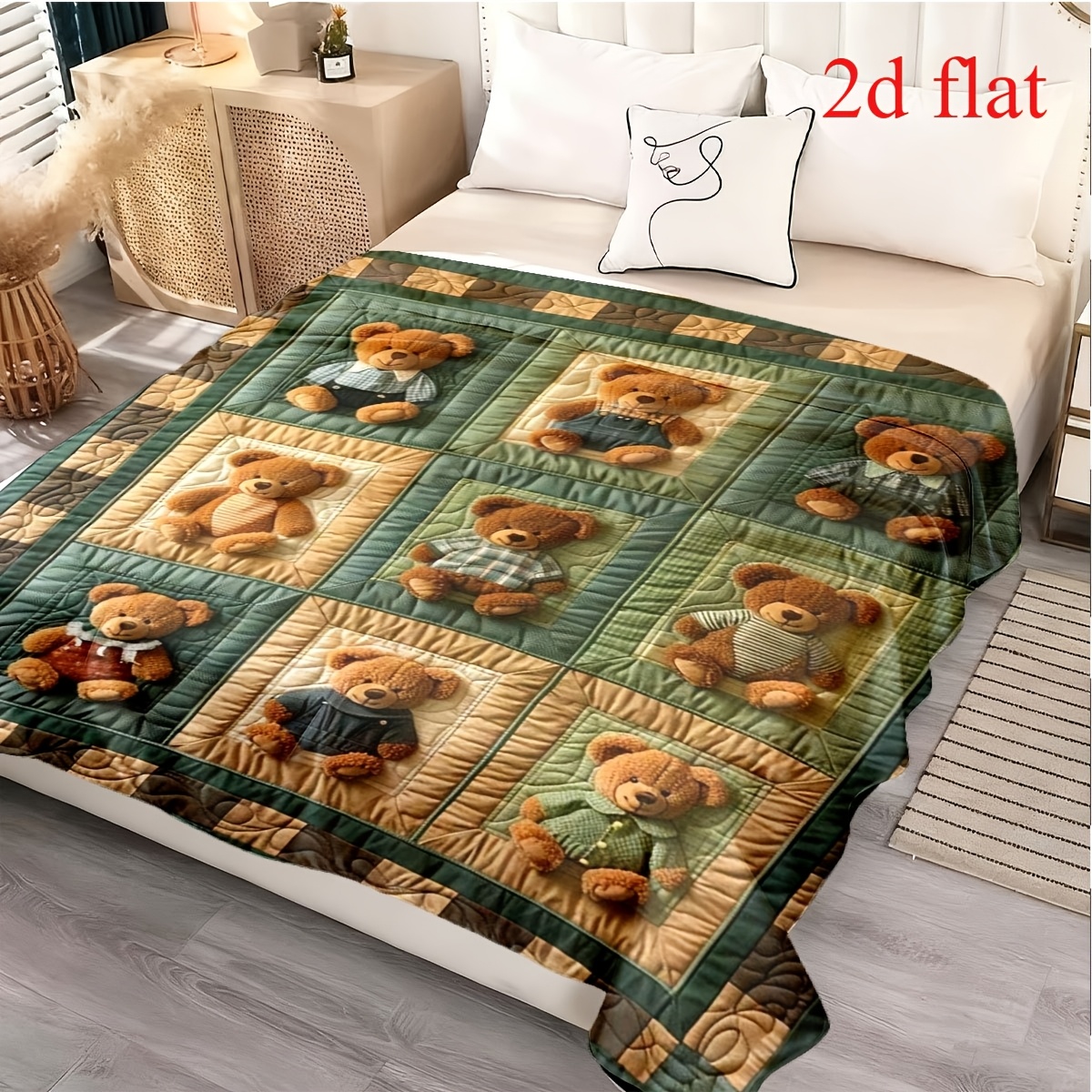 Vintage Teddy Bear Themed Printed Flannel Blanket for Cozy Naps