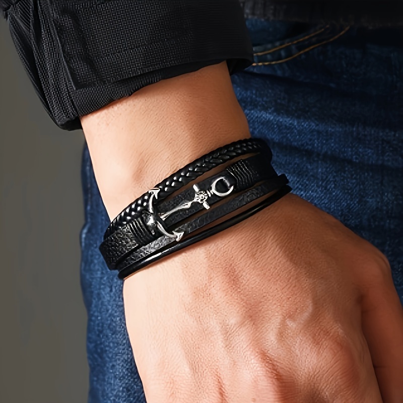 

Magnetic Men's Pu Leather Bracelet, Fashionable Multilayer Unique Anchor Braided Bracelet - Chic Accessories