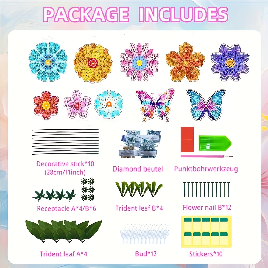 TEMU 10pcs Diamond Painting Decoration Sticks, Handmade Gift, Suitable For Flower Pots And Gardens, Making Gemstone Bouquets For Home Decor And Party