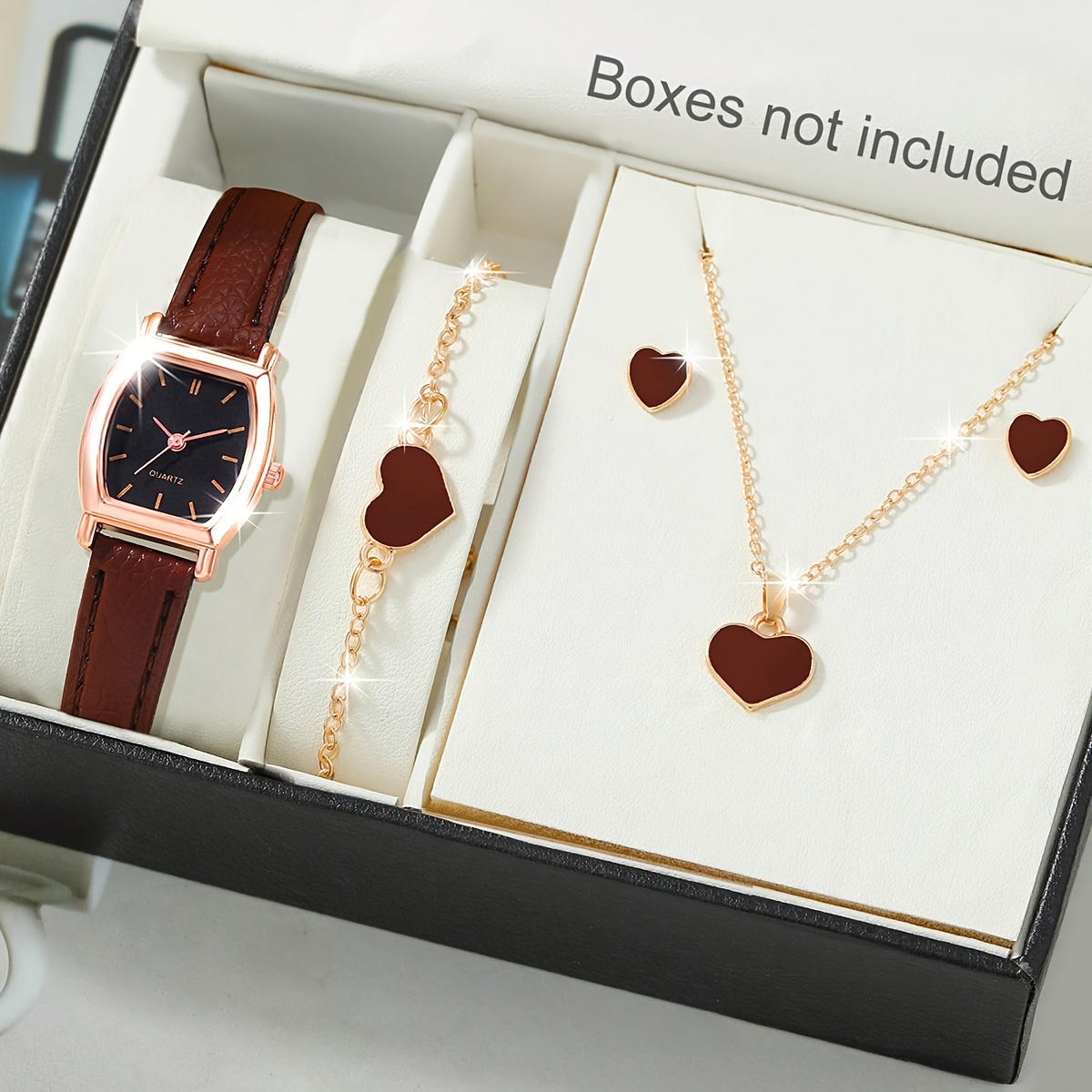 Ladies Watch 5pcs/Set Women Brown PU Strap Casual Quartz Watch And Heart Necklace Earings Bracelet Jewelry Set, New Year's Day, Valentine's Day,The Best Gift for A Lady
