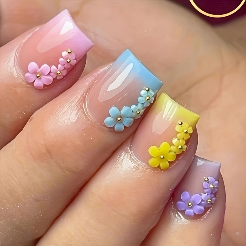 TEMU 24pcs Of Short Square Fake Nails, Gentle Flash Small Flower Fashion White Wearing Nail Design, Bright Detachable Fake Nails