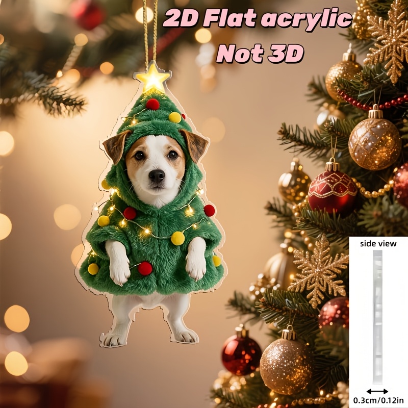TEMU 2d Flat, 1pc Cute And Interesting Terrier Acrylic Christmas Ornament - Terrier Wearing Green Christmas Tree Clothes, Acrylic Ornament, Suitable