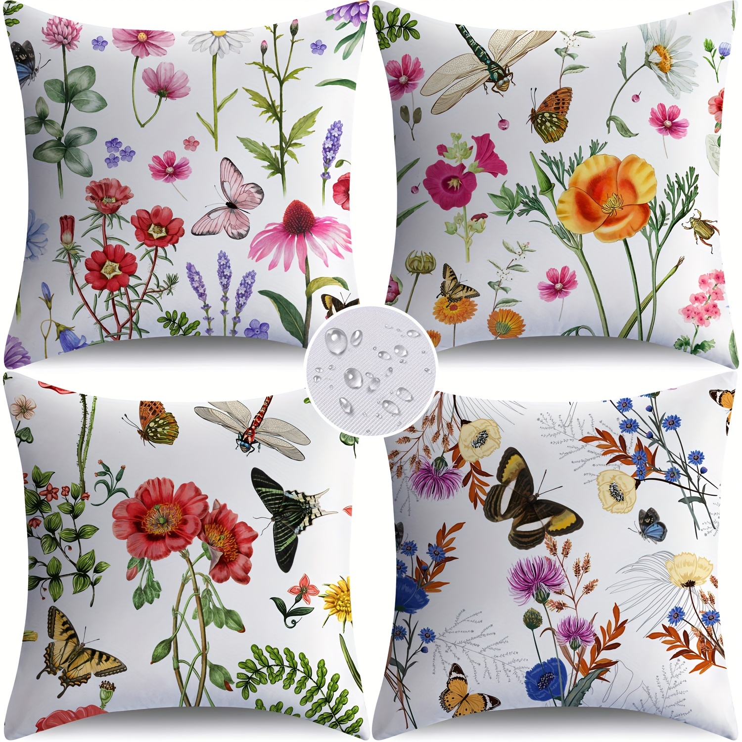 

4 housses de coussin d’extérieur imperméables 18x18 pouces (45x45cm) - design floral, polyester hypoallergénique, fermeture éclair cachée, convient à plusieurs types de pièces