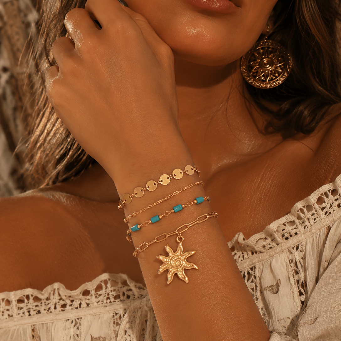 4pc Vintage Golden Disc Turquoise Chain Bracelet Set