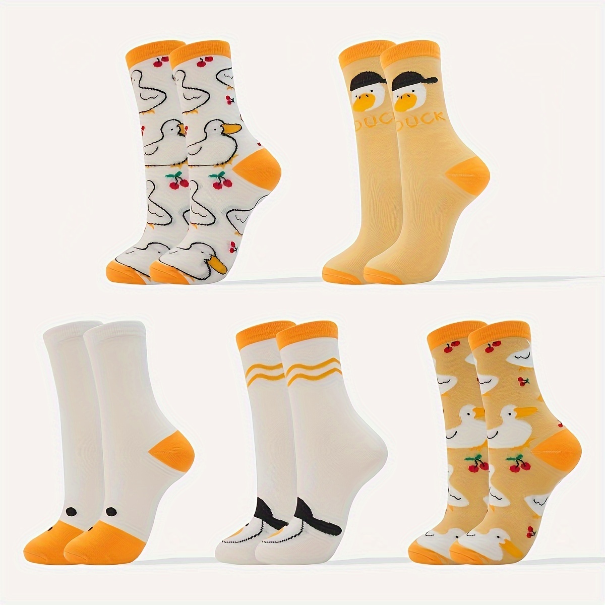 

5 Pairs Cartoon Duck Print Socks, Cute & Funny Breathable Mid Tube Socks, Women's Stockings & Hosiery