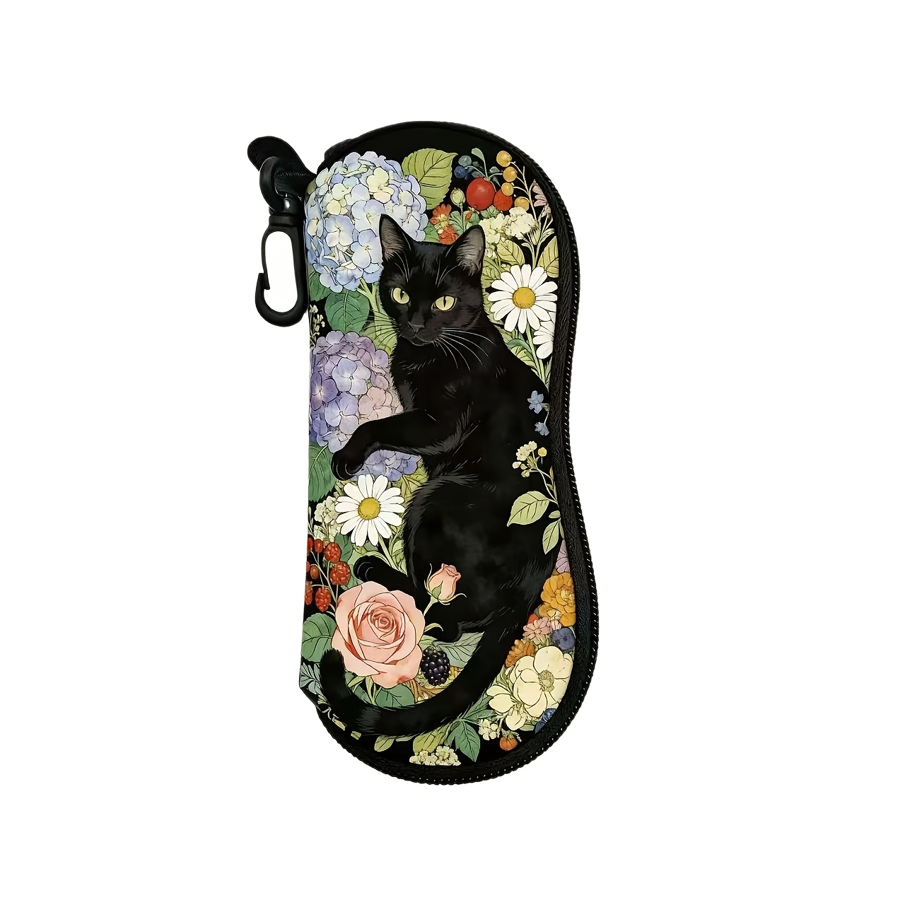 TEMU 1pc Black Cat In A Flower Bush Print Pattern Eyeglass Case, Portable Soft Neoprene Zipper Eyeglass Case, Portable Protective Eyeglass Case